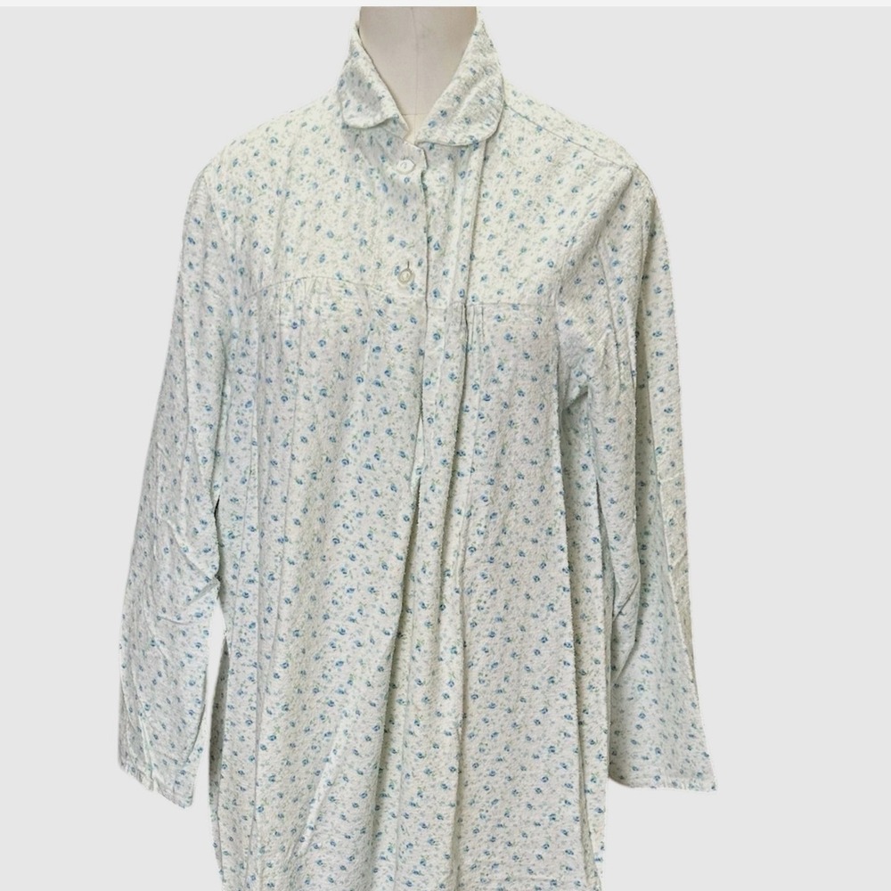 Sears Nightgown Women M White Blue Floral 100%Cotton Flannel Long Sleeve Vintage
